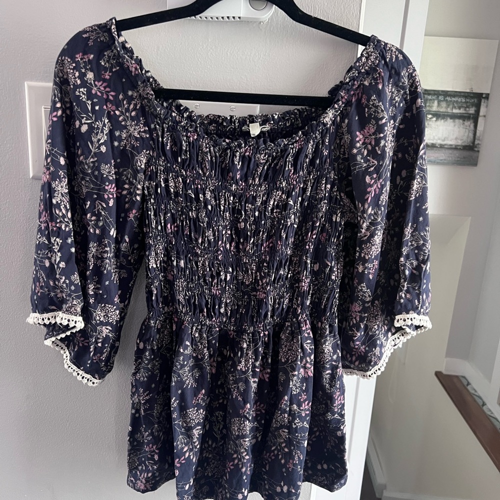 Blue and White Smocked Ruffled Blouse